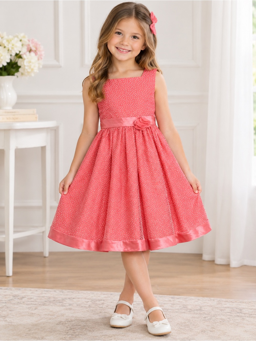 Girls' Coral Party Dress with Satin Trim